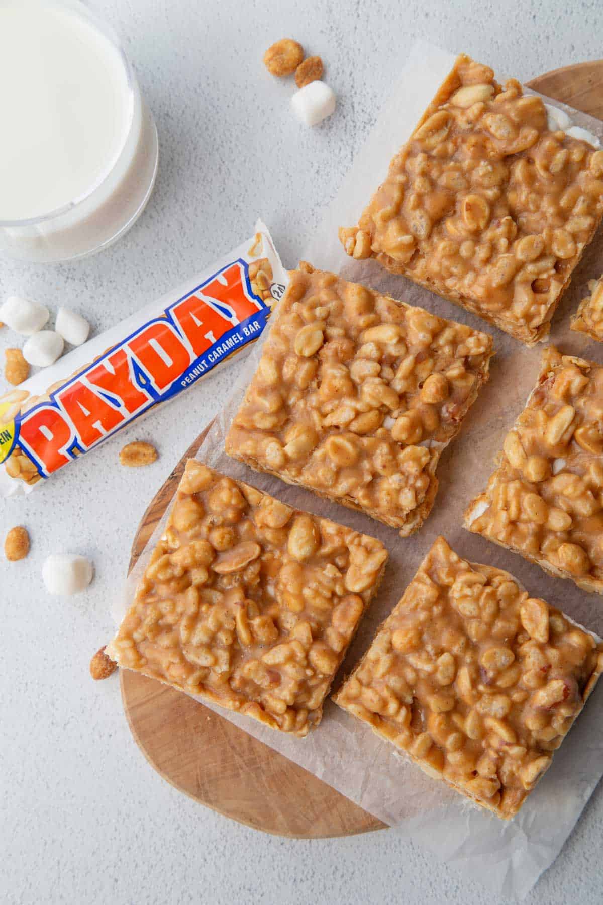 pay day cookie bars next to a pay day candy bar.