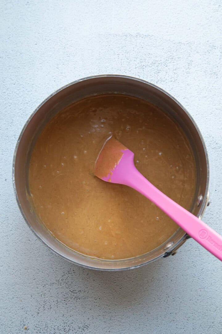 peanut butter mixture in a saucepan.