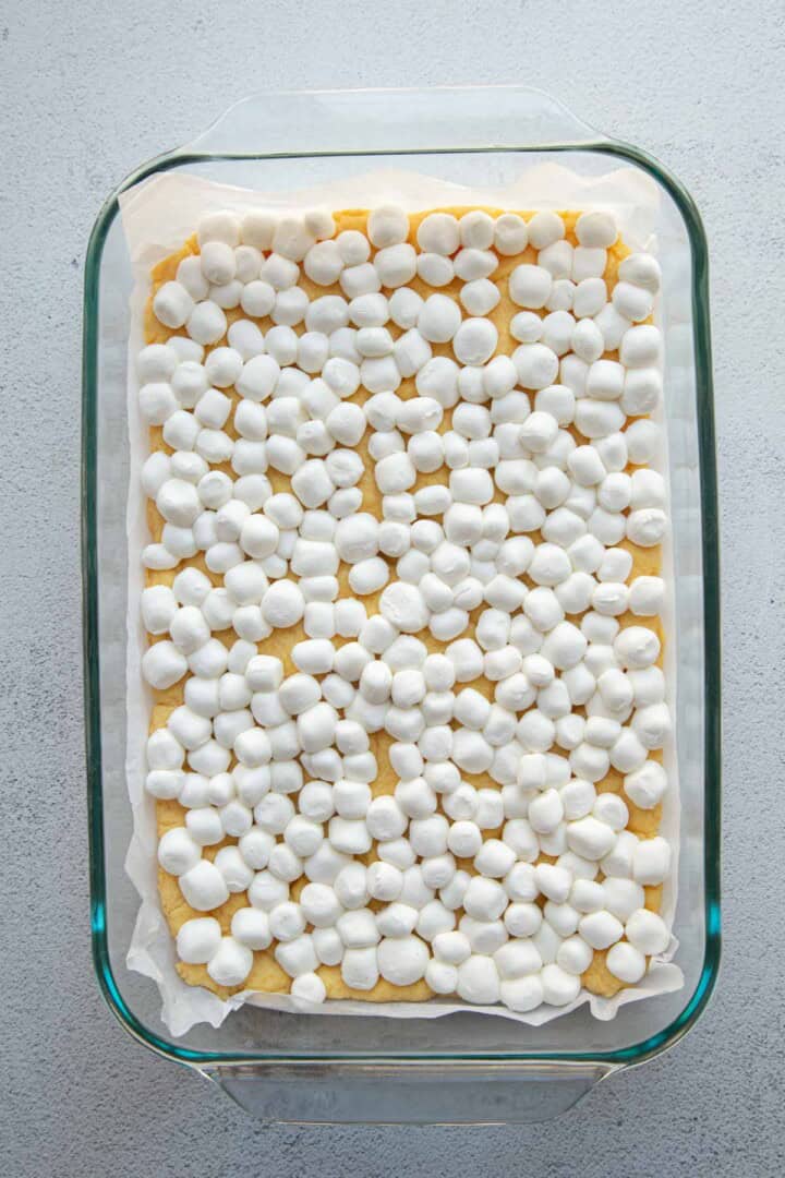 marshmallows in a glass dish.