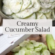 creamy cucumber salad in a green bowl.
