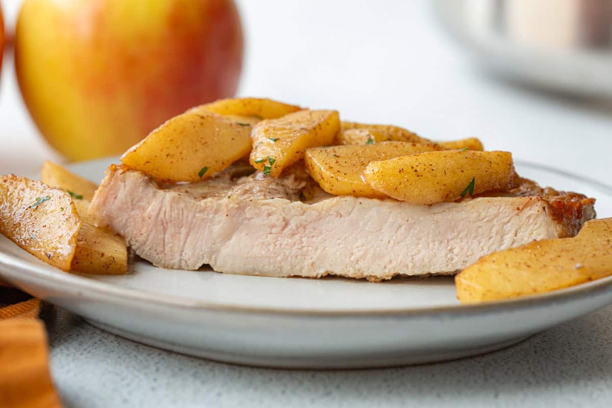 interior of a pork chop with a blush of pink.