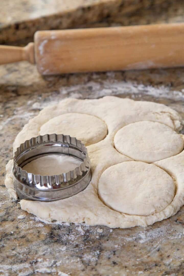 biscuit cutter cutting shortcakes out of dough.