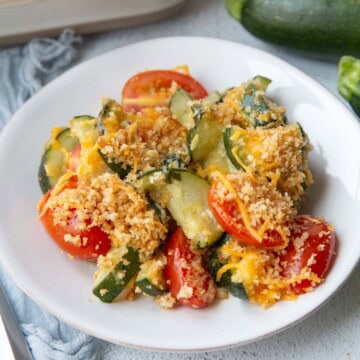 zucchini tomato casserole with crispy breadcrumbs and cheese.