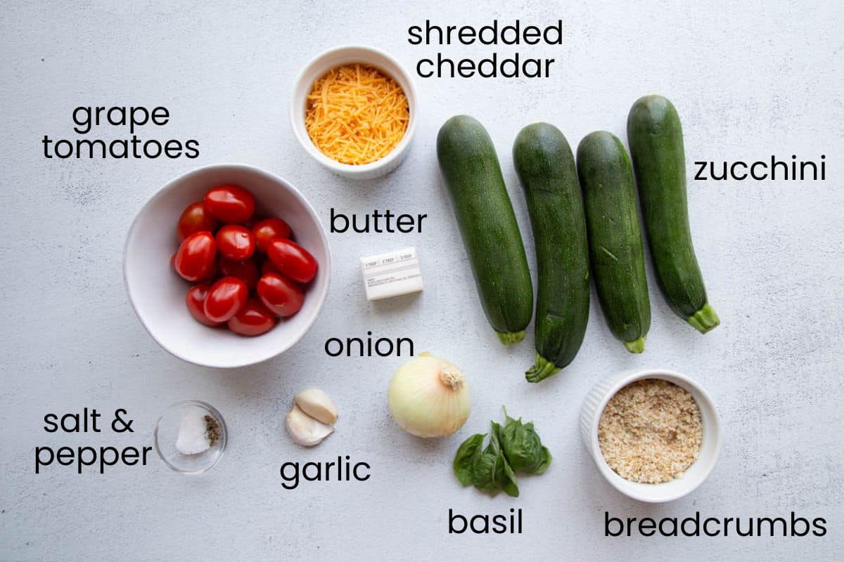 zucchini, tomatoes, cheese, and other ingredients.