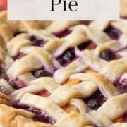 peach blueberry pie with lattice top.