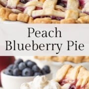 Peach Blueberry Pie slice with whipped cream.