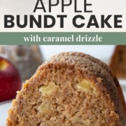 slice of apple bundt cake with pieces of apples inside.