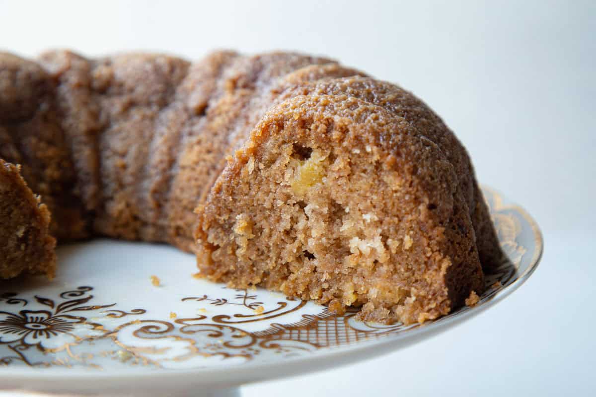 cross section of an old fashioned apple bundt cake.