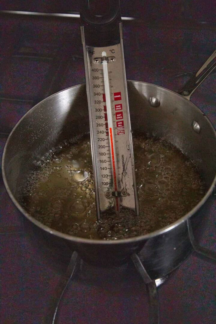 Sugar, corn syrup, and water heated to 245F.