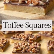 toffee squares topped with nuts.