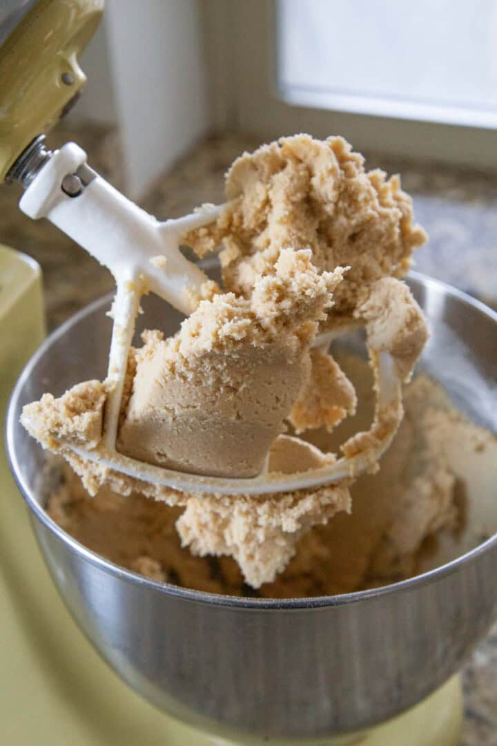 shortbread dough in a stand mixer.