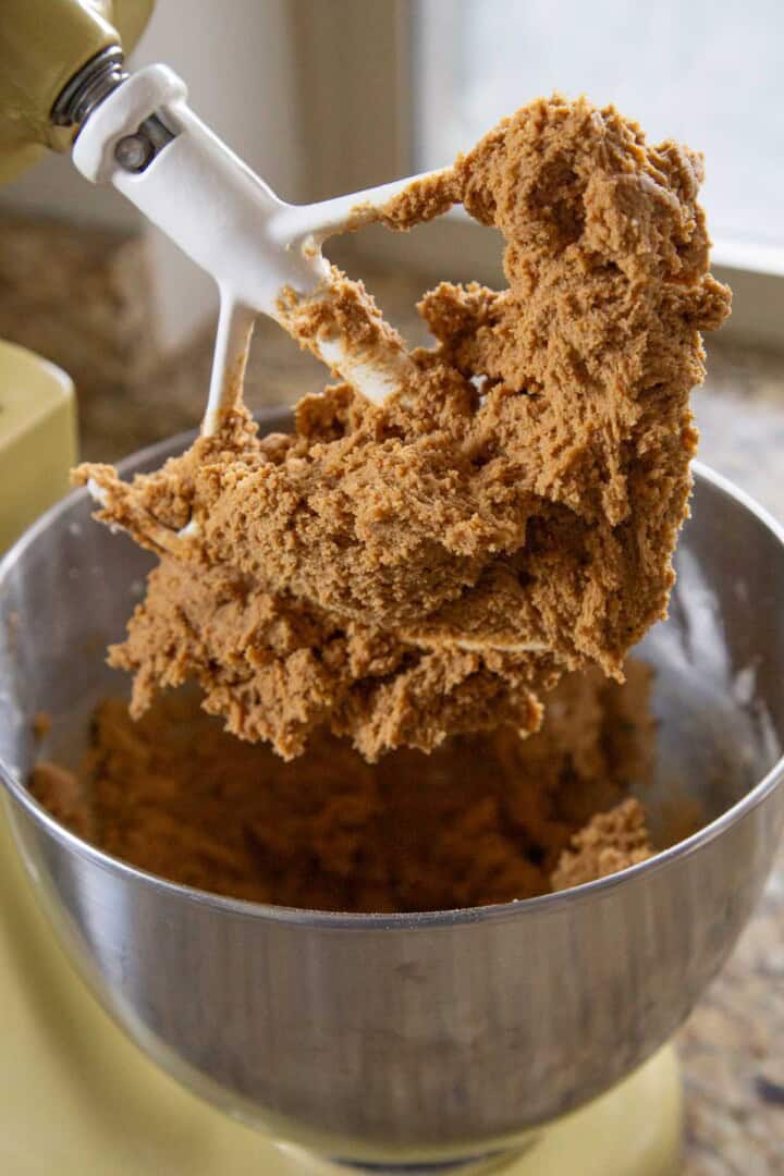 gingersnap cookie dough in a stand mixer.