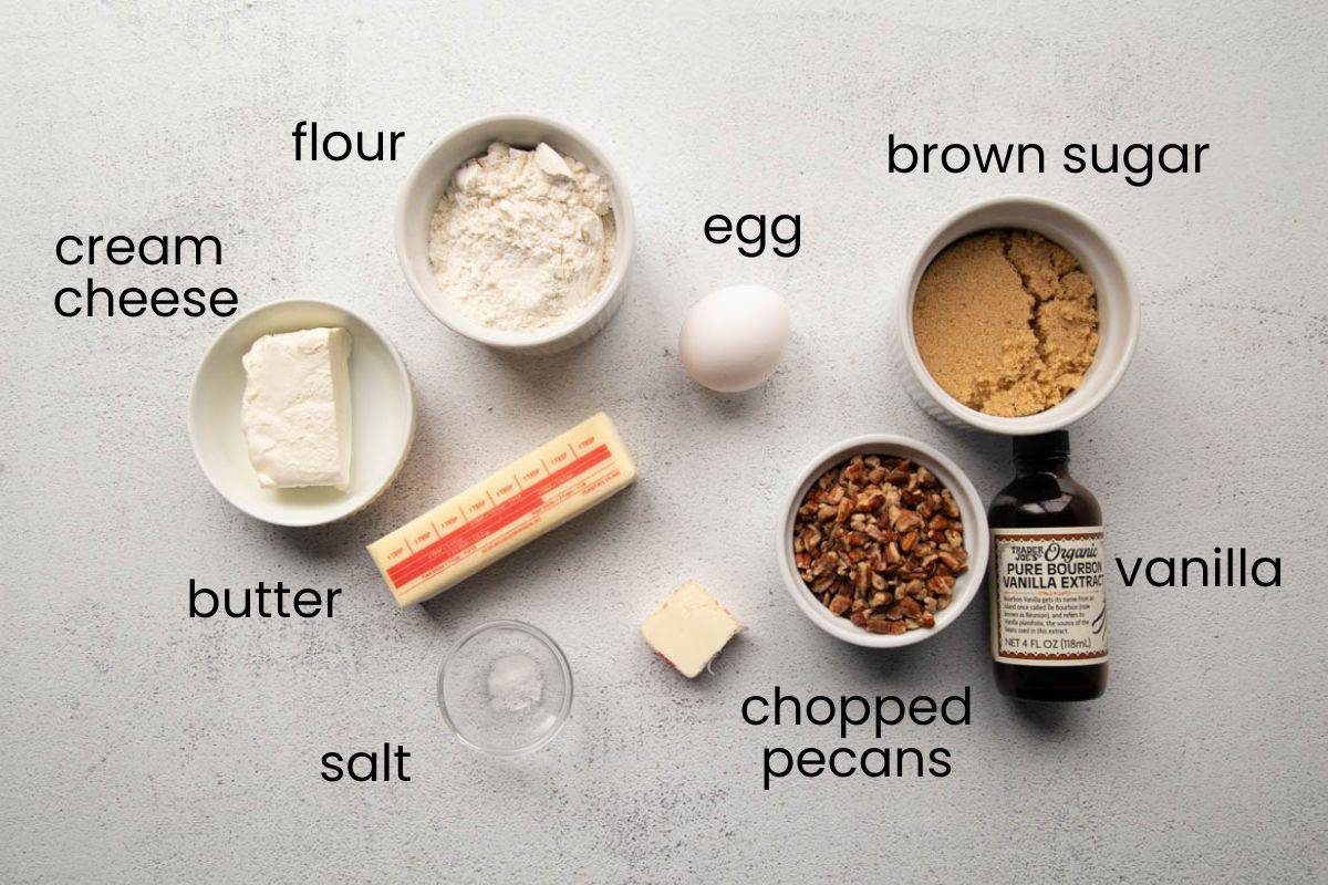 flour, butter, brown sugar, pecans, and other baking ingredients.