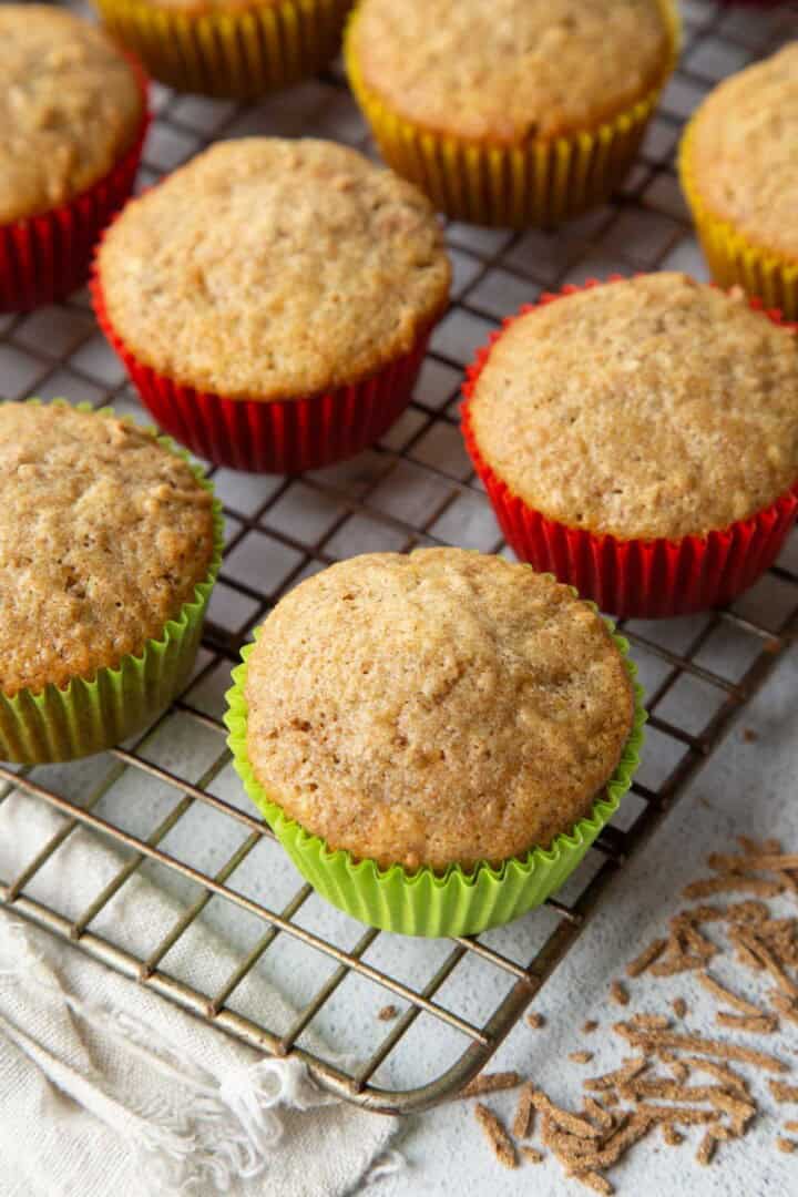 buttermilk bran muffins on a wire rack.