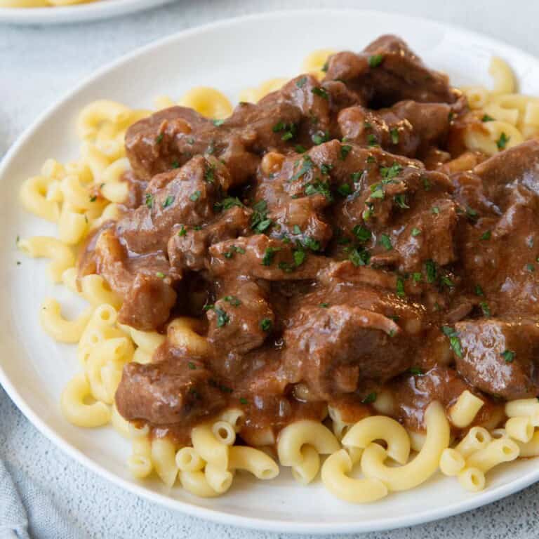 hungarian goulash on top of macaroni.