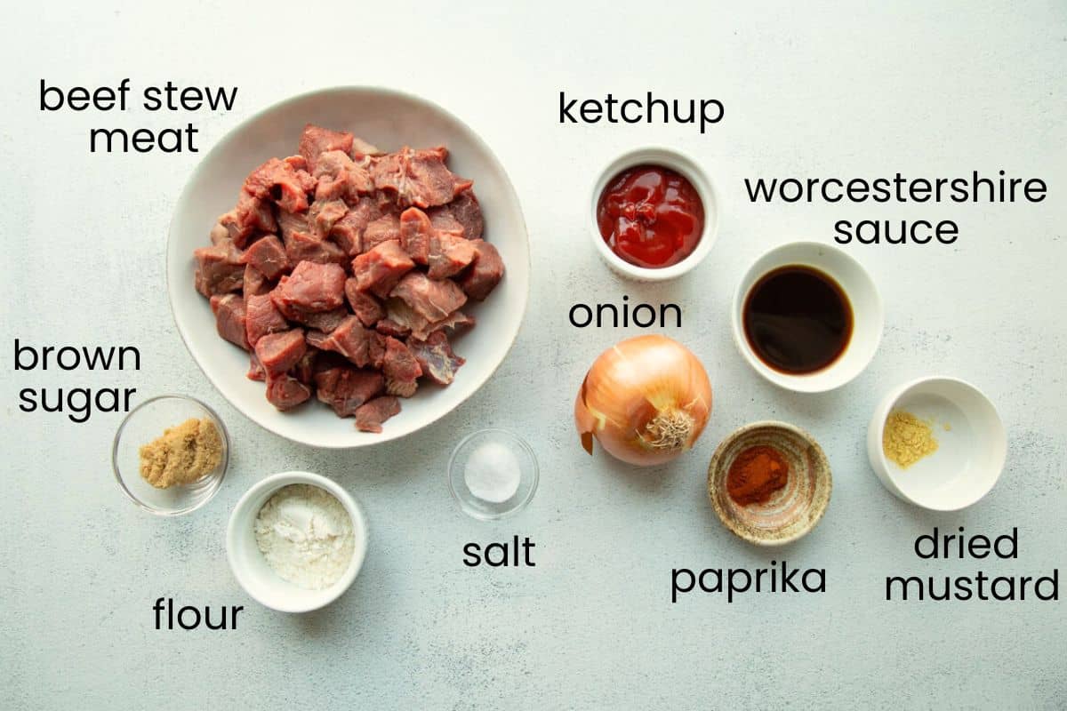 beef stew meat, paprika, onion, and other ingredients.