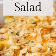 hot chicken salad with potato chips.