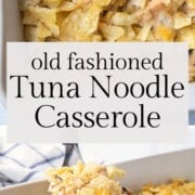 tuna noodle casserole topped with potato chips.