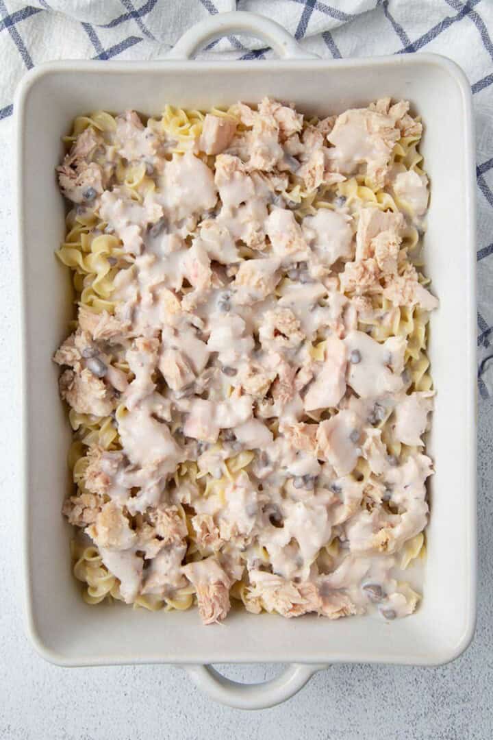 egg noodles and tuna with cream of mushroom soup in a casserole dish.