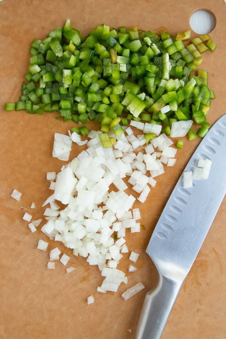chopped green bell peppers and onions.