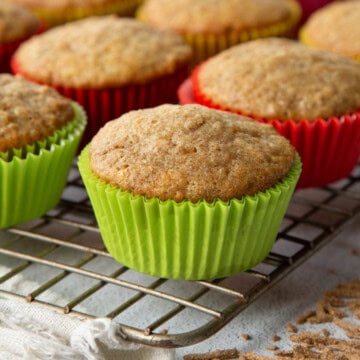 old fashioned bran muffins in green and red cupcake liners.