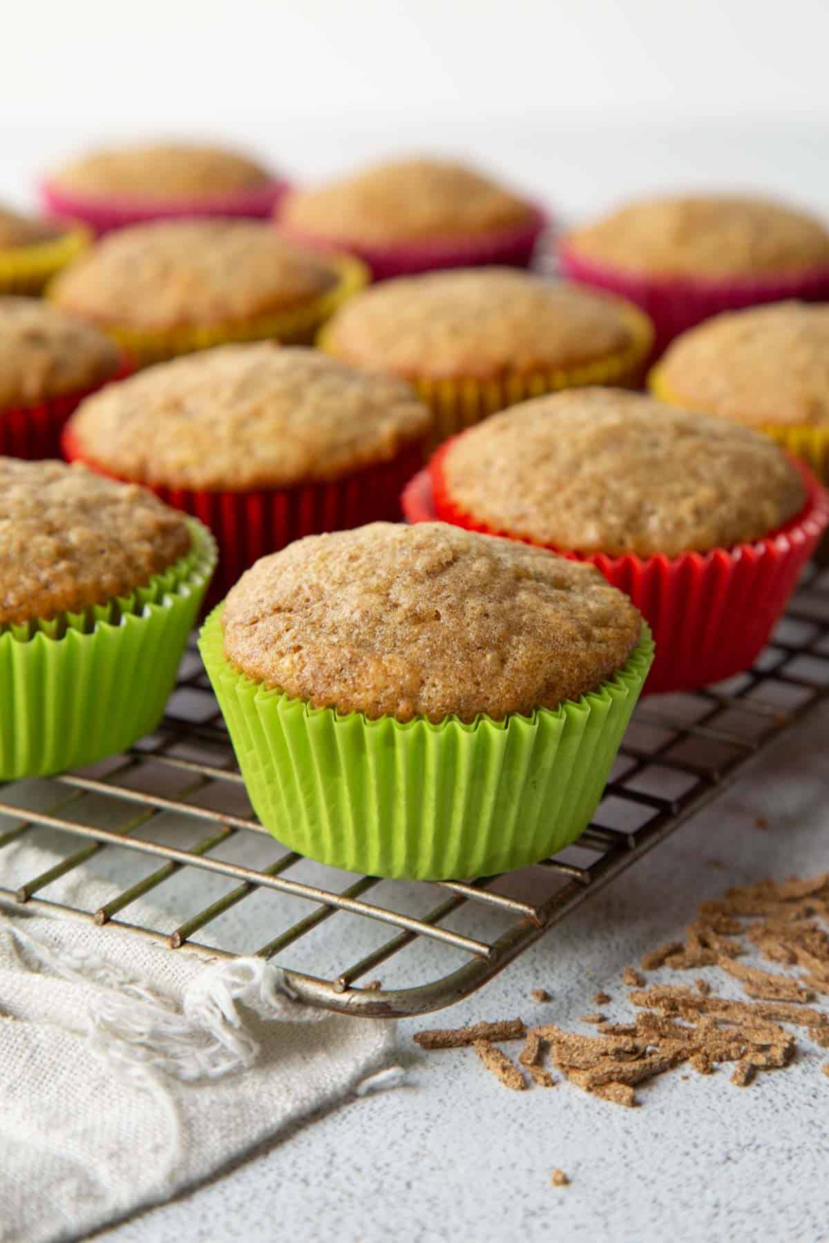 bran muffins on a wire rack.