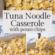tuna noodle casserole topped with potato chips.