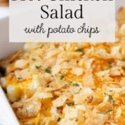 hot chicken salad with potato chips.