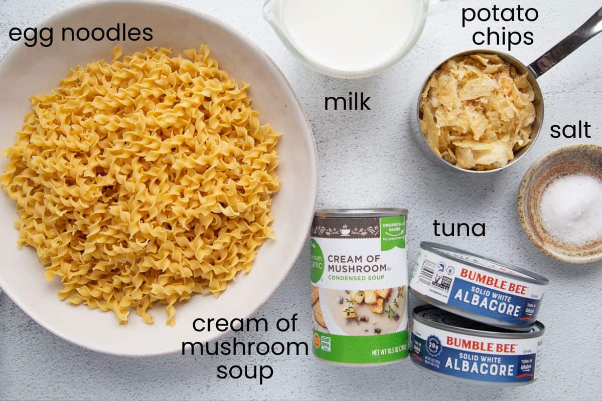 egg noodles, potato chips, tuna, and other ingredients.
