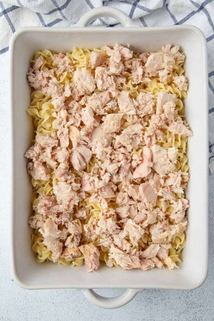 egg noodles and tuna in a casserole dish.