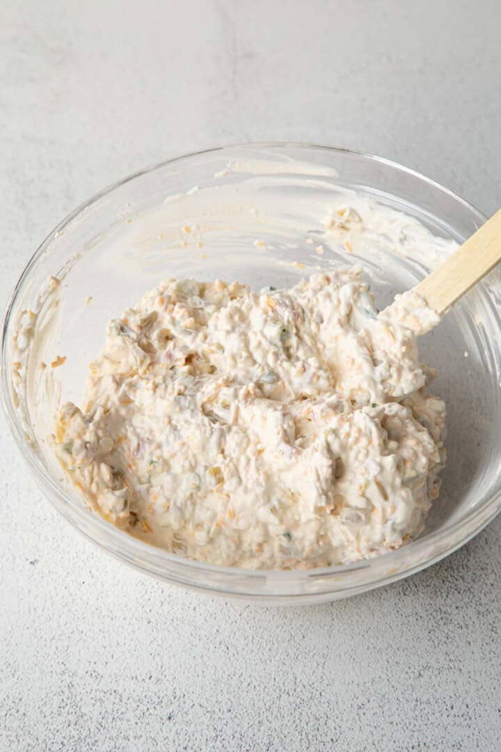cream cheese and cheddar mixture with ham and green chiles.