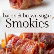 bacon wrapped smokies with toothpicks.