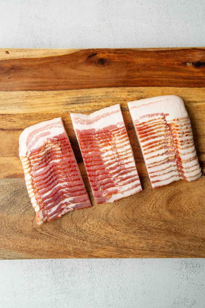 bacon cut into thirds.
