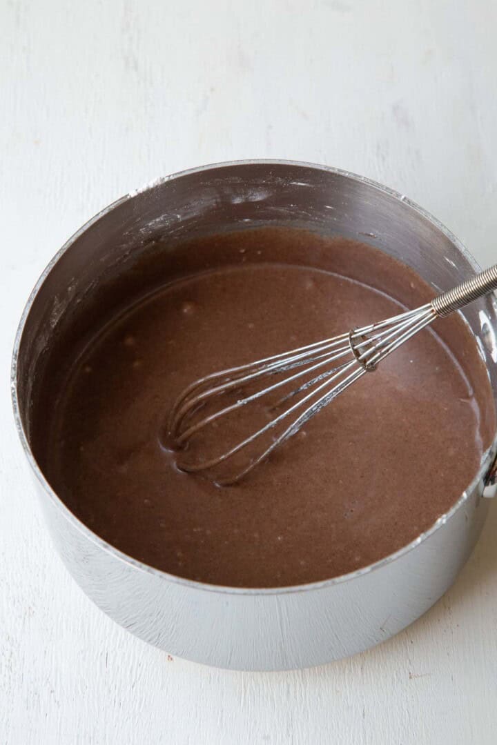 thick chocolate frosting in a saucepan.