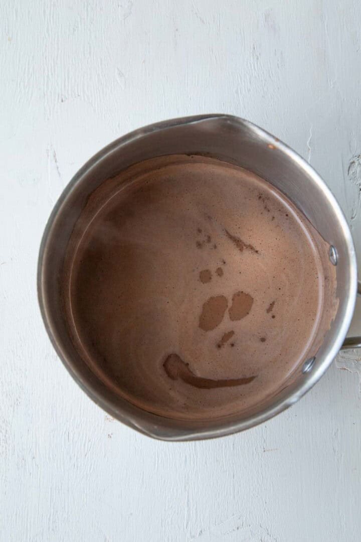 chocolate liquid mixture in a saucepan.