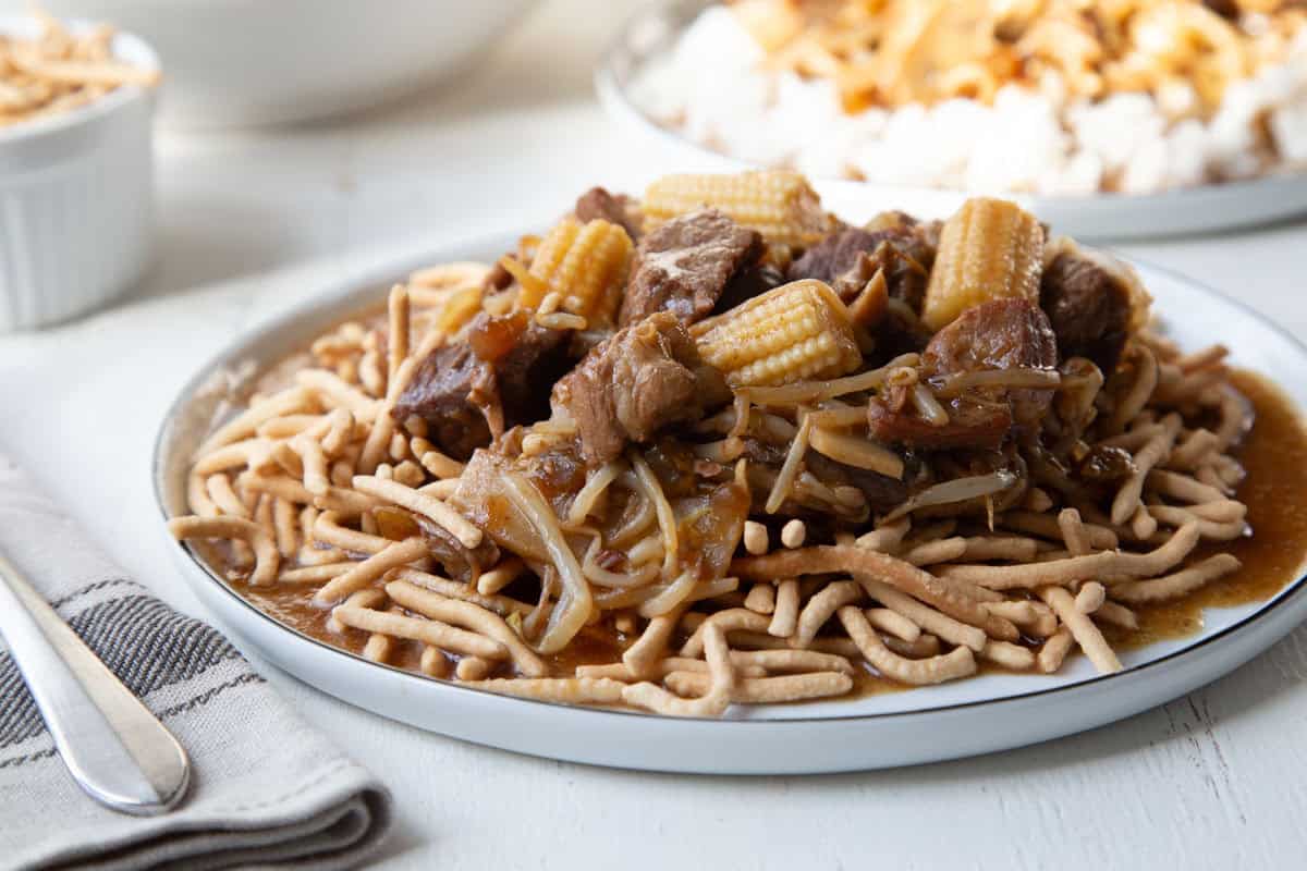 old fashioned chop suey on chow mein noodles.
