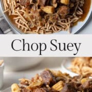 chop suey over chow mein noodles and rice.