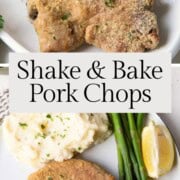 breadcrumb coated pork chops on a platter and on a plate.