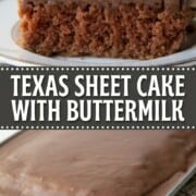 chocolate sheet cake with a shiny chocolate frosting, both whole and sliced.