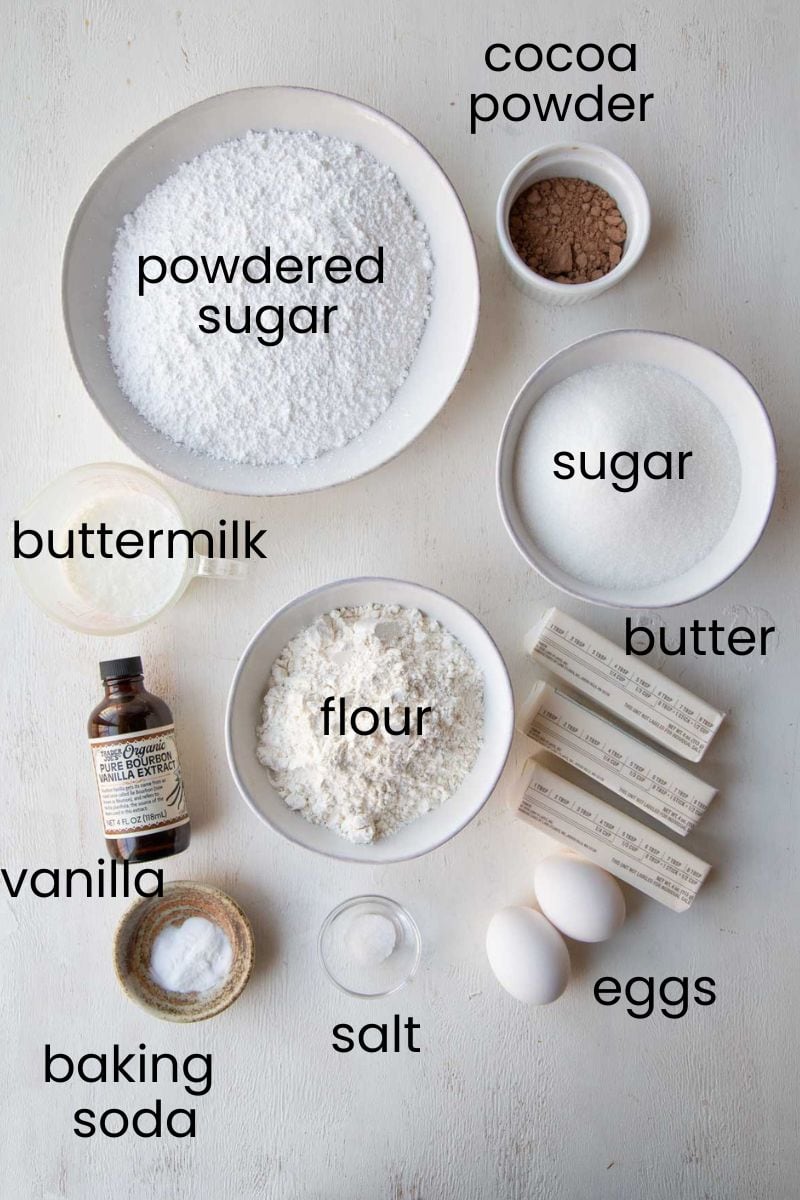 flour, sugar, cocoa powder, butter, and other ingredients.