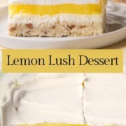 lemon four layered dessert on a white plate.