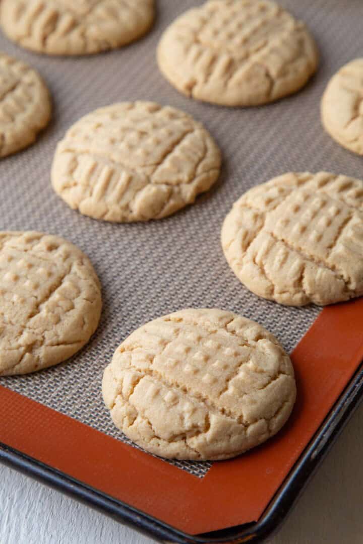 baked peanut butter cookies on a sheet pan.