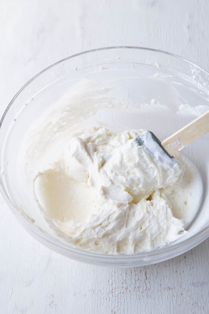 cream cheese mixture in a glass bowl.