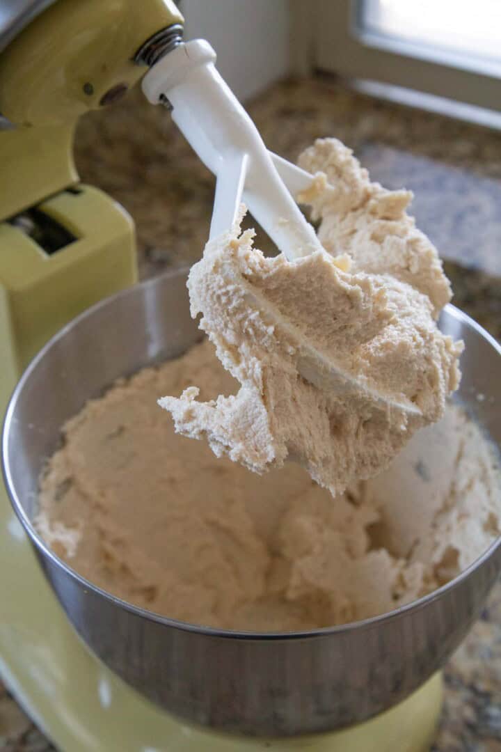 butter and sugar creamed together in a stand mixer.