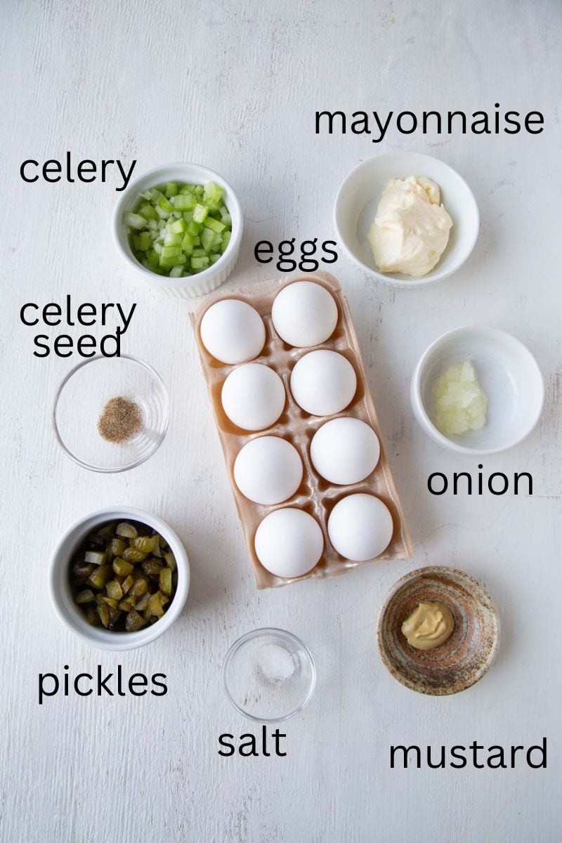 eggs, pickles, celery, and other ingredients.
