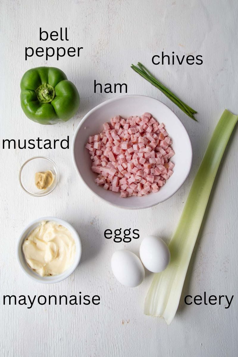 chopped ham, green pepper, eggs, and other ingredients.