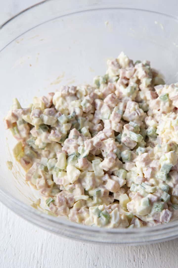 diced ham, celery, green pepper, and hard boiled eggs in a mayo dressing.