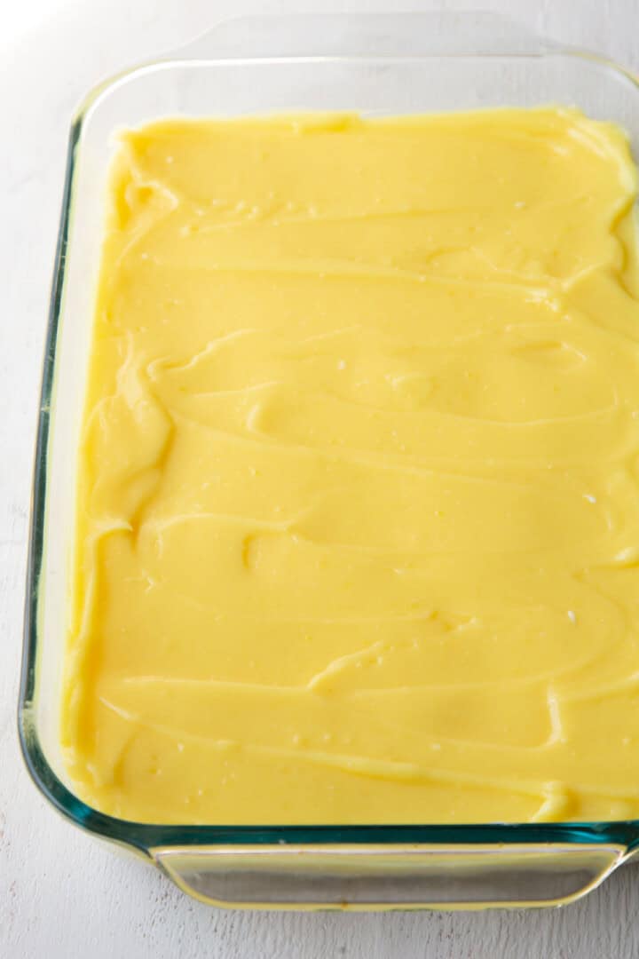 lemon pudding in a baking dish.