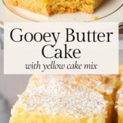 slices of gooey butter cake, one with a bite taken out, others stacked up.