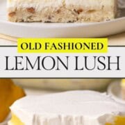 slice of layered lemon pudding dessert with a pecan shortbread crust.